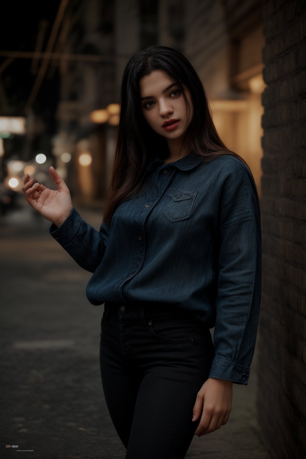 pretty 1girl, long straight black hair, wearing denim cover all fashion, super high quality, real images, lifelike, real skin, soft lighting, Cinematic, (Surrealism: 1.2), (8K UHD: 1.2), (Photorealism: 1.2), Shot with medium format camera, Professional camera, Perfectly Delicate and Rich in Detail, (masterpiece, top quality, best quality, official art, beautiful and aesthetic:1.2), (((1girl))), dynamic pose, extreme detailed,Big bearsts