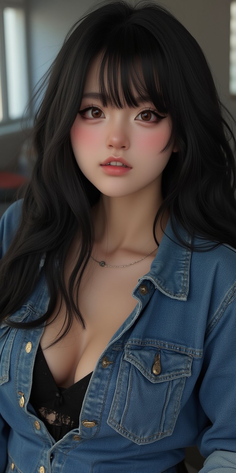 pretty 1girl, long straight black hair, wearing denim cover all fashion, super high quality, real images, lifelike, real skin, soft lighting, Cinematic, (Surrealism: 1.2), (8K UHD: 1.2), (Photorealism: 1.2), Shot with medium format camera, Professional camera, Perfectly Delicate and Rich in Detail, (masterpiece, top quality, best quality, official art, beautiful and aesthetic:1.2), (((1girl))), dynamic pose, extreme detailed,Big bearsts,Curvy plump women:1,  

 (RAW photo, best quality), (realistic, photo-Realistic:1.1), best quality, masterpiece, beautiful and aesthetic, 16K, (HDR:1.2), high contrast, (vibrant color:1.3), (muted colors, dim colors, soothing tones:0), cinematic lighting, ambient lighting, sidelighting, Exquisite details and textures, cinematic shot, Warm tone, (Bright and intense:1.1), wide shot, by xm887, ultra realistic illustration, siena natural ratio,	head to thigh portrait,	long Wave hair,Curvy plump women 