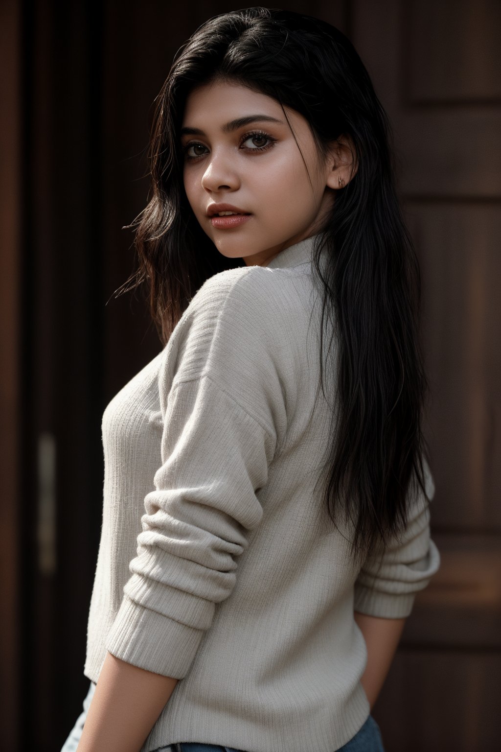 A serene portrait of a young girl with striking features. The shot is framed against a neutral background, allowing her to take center stage. Her long, raven-black hair cascades down her back in two delicate twin braids, which perfectly complement her piercing black eyes. A soft, cozy sweater adorns her torso, adding a touch of warmth to the overall mood. Her lips are painted with a subtle shade that adds a hint of sweetness to her enigmatic expression. The lighting is gentle and natural, casting a flattering glow on her porcelain skin.