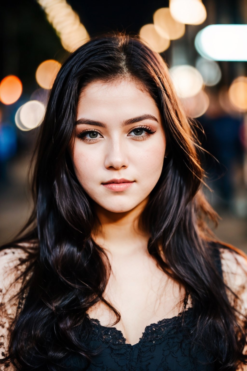 instagram photo, closeup face photo of 18 y.o swedish woman in dress, beautiful face, makeup, night city street, bokeh, motion blur
,Plump