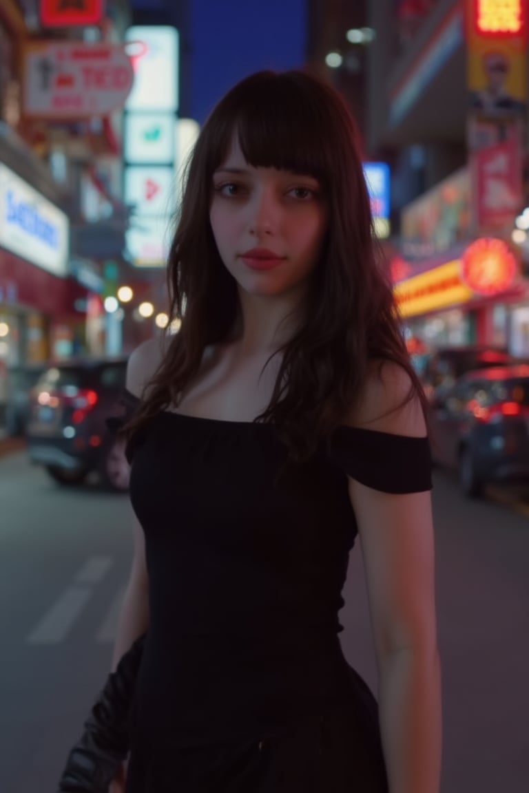 sandrine girl, 15 years old. Dark brown hair. Professional photo, outdoors, evening, city street corner,red light district,  looking at viewer, parted lips, excessive makeup. Wearing a short off-shoulders black dress and thighhighs. Shallow depth of field. Bokeh