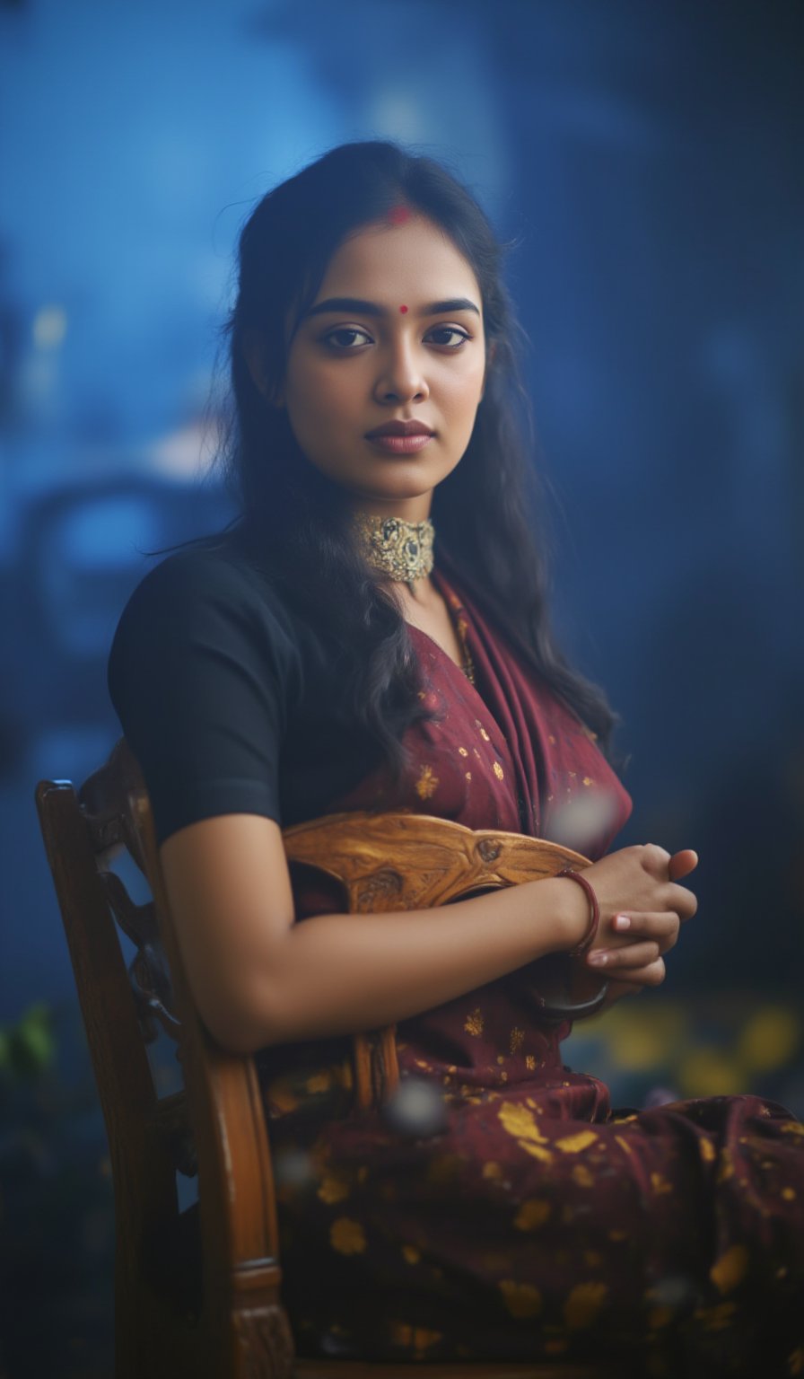 A serene portrait of Mallu beauty, a cool light illuminates her gentle face, framed by a soft focus blurred background. She sits comfortably on a intricately carved wooden stool, her hands folded in her lap. Her eyes, like pools of calm water, gaze softly into the distance, radiating kindness and wisdom.,ആതിര 