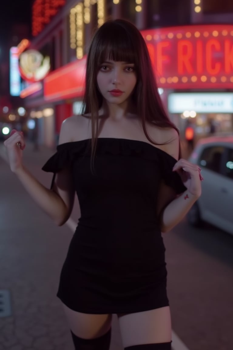 sandrine girl, 15 years old. Dark brown hair. Professional photo, outdoors, evening, city street corner,red light district,  looking at viewer, parted lips, excessive makeup. Wearing a short off-shoulders black dress and thighhighs. Shallow depth of field. Bokeh