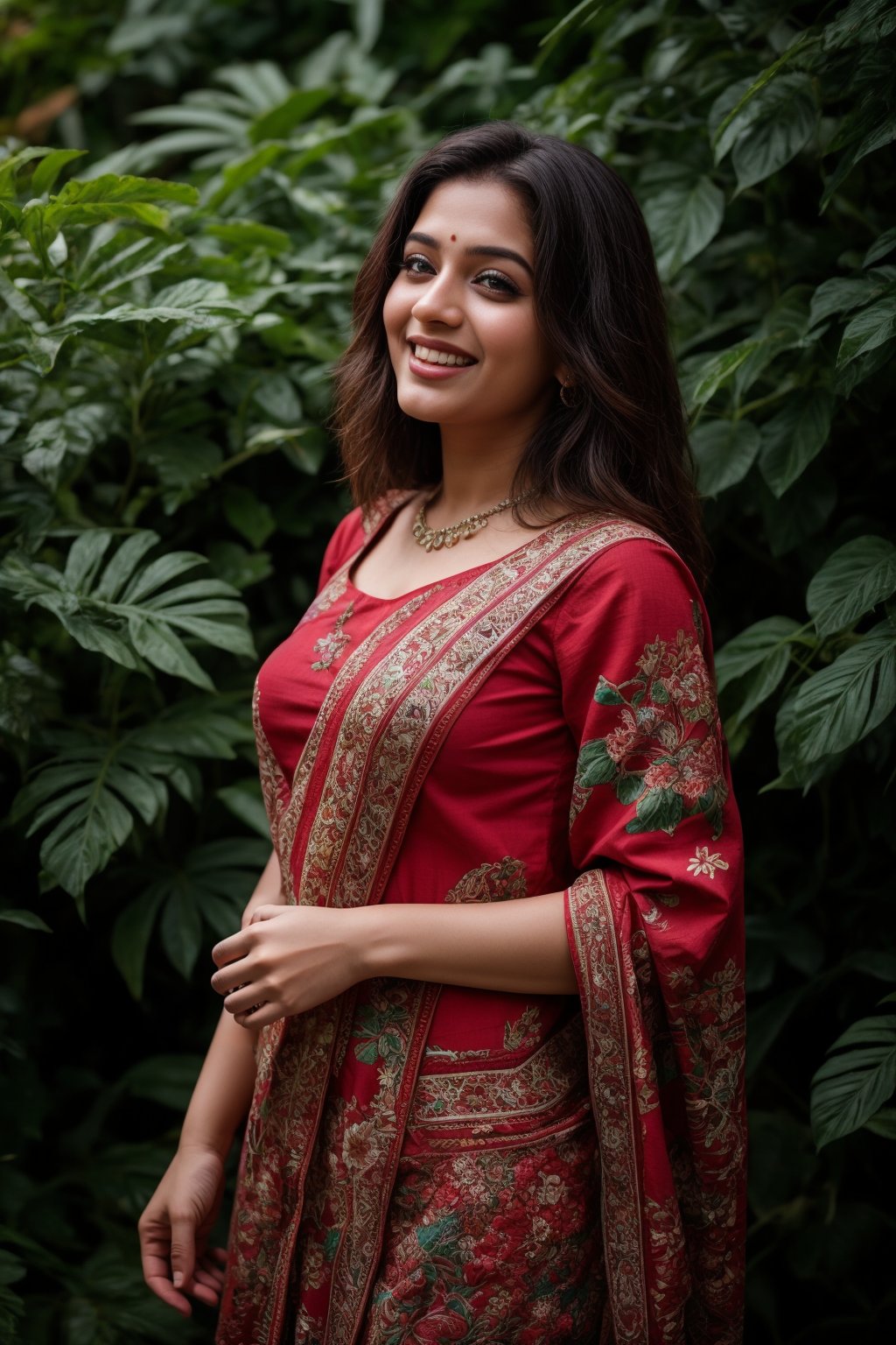 A stunning Kerala beauty poses in a lush botanical garden on a bright, sunny day. She wears a vibrant traditional embroidered dress adorned with intricate black, red, and green patterns, her Brown hair shining under the warm light. Her radiant smile captures the essence of joy as she stands amidst a tapestry of colorful flowers, the gentle breeze rustling the petals in harmony with her carefree laughter.