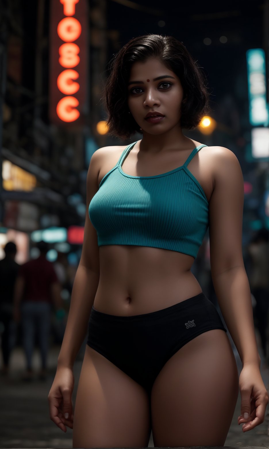 A striking Malayali woman in a cyberpunk-themed environment, captured in a realistic, high-definition photography style that mimics the quality of a Hollywood movie shot on a Sony Red cinematic camera. She is dressed in a futuristic outfit with sleek, metallic elements and neon accents, blending traditional beauty with a modern, edgy twist. Her short hair is styled to complement the cyberpunk aesthetic, perhaps with a bold color or sleek, asymmetrical cut. Midriff 

The setting is a neon-lit urban landscape, with towering buildings and holographic advertisements in the background. The scene is color graded in a strong teal and orange palette, enhancing the futuristic and dystopian atmosphere. Her face reflects determination and confidence, with dramatic lighting highlighting her features and casting dynamic shadows.

The camera angle and composition are cinematic, with a shallow depth of field that keeps the focus on the woman while subtly blurring the intricate details of the cyberpunk cityscape behind her. The overall image exudes a sense of gritty, futuristic elegance, combining the cultural elements of her Malayali heritage with the bold, high-tech world of cyberpunk.,Glowing dots on body