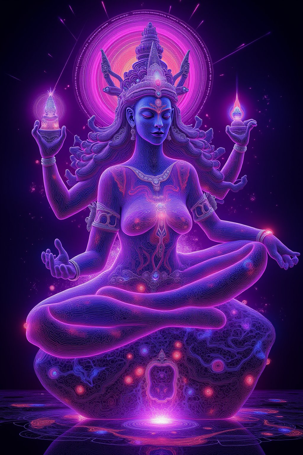 Illustration of cosmic and goddess Lakshmi, neon light, ultraviolet, rage, energy emitting body, naked, glowing, sexy Kamasutra goddess 