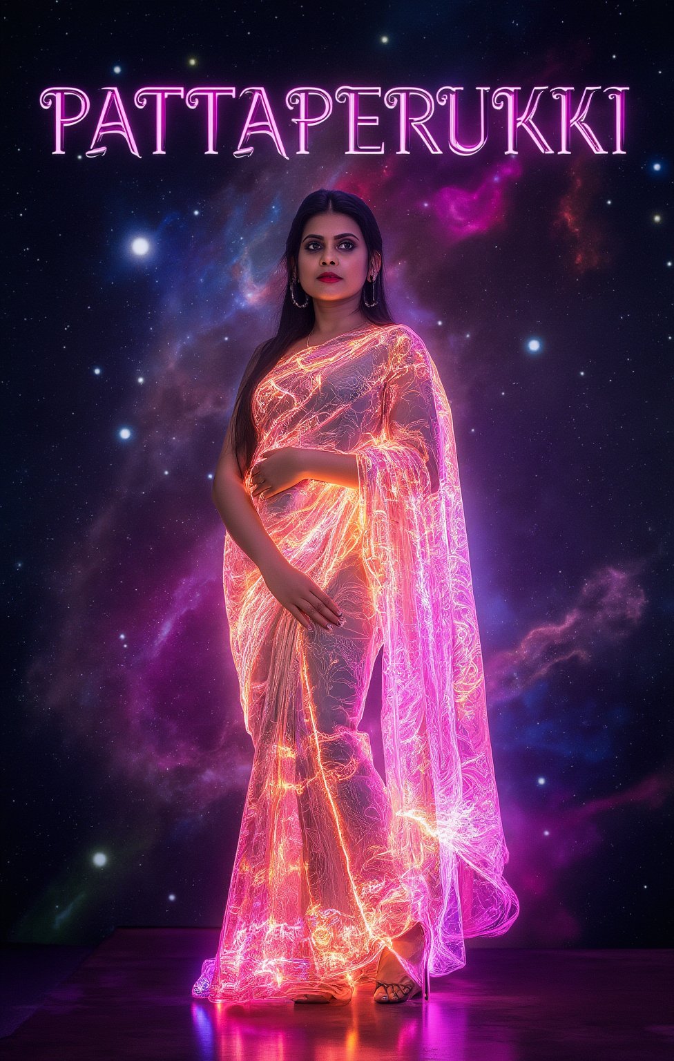 A photorealistic, high-definition image of a woman in a saree, her body glowing with vibrant plasma and emitting energy. The saree flows gracefully, illuminated by neon hues, as cosmic energy pulses from her form. Captured with cinematic lighting on a Fujifilm camera, her face and figure are rendered in stunning detail. The cosmic backdrop of stars and swirling nebulae adds a surreal, otherworldly atmosphere. The word "PATTAPERUKKI" is elegantly displayed in glowing text, blending with the cosmic energy.,Cosmic 