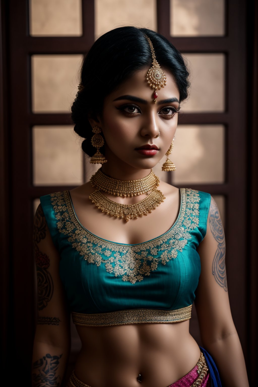 1girl, accessories, piercing , lip piercing , misterious, masterpiece, best quality, dynamic angle, cinematic composition, lehenga,  tattoo 