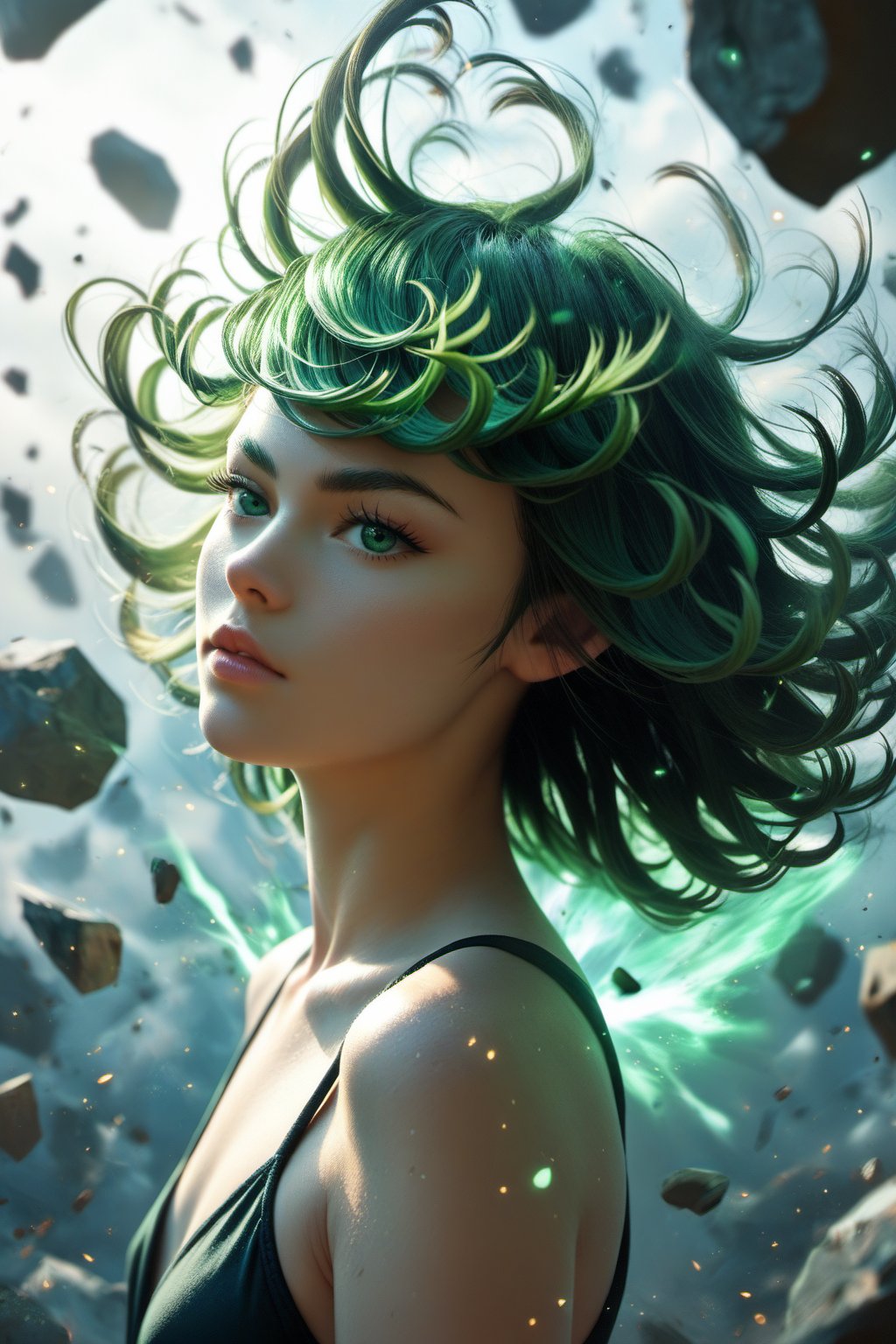 score_9, score_8_up, score_7_up, realistic, lighting, photo, details, real, portrait, 
tatsumaki, one-punch_man, 1girl, green_hair, green_eyes, dust particles, floating debris, aura, 