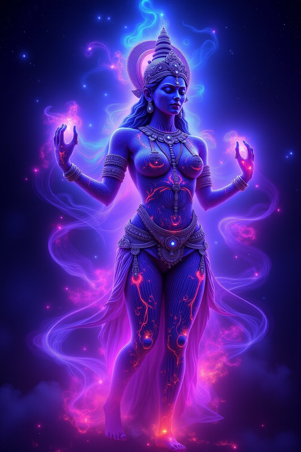 Realistic photography, A cosmic depiction of Goddess Lakshmi, her body glowing with neon light and ultraviolet hues. Energy radiates from her divine form, showing a mix of rage and power. Surrounded by cosmic nebulae, her figure is illuminated in vibrant blues, purples, and pinks. She stands as a sensual, seductive Kamasutra goddess, her glowing, ethereal presence exuding divine sensuality and cosmic energy.,Cosmic , An ethereal vision of Goddess Lakshmi, enveloped in ultraviolet and neon lights, with her skin radiating vibrant cosmic energy. Her expression shows controlled rage as her divine form emits intense energy. Her seductive Kamasutra pose enhances her allure, with her glowing body reflecting divine feminine beauty amidst the vast cosmic backdrop, with swirling galaxies and radiant nebulae.
