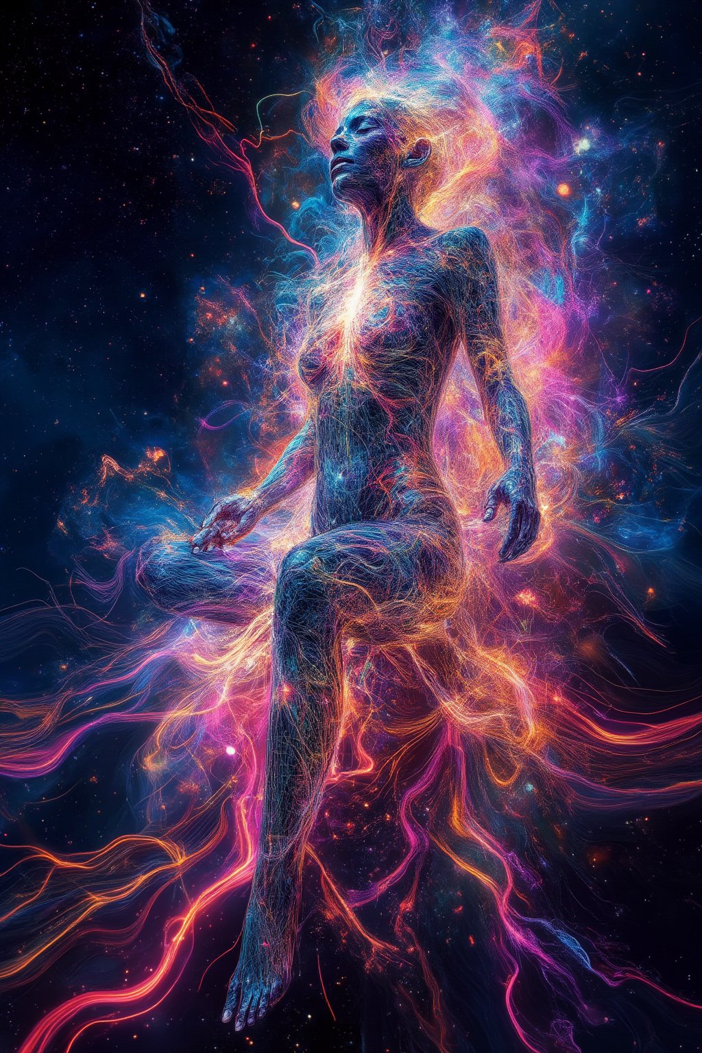 A cosmic vision of a seductive woman, her body emitting radiant energy and glowing plasma. Her form is lifelike and detailed, rendered in ultra-high definition, with her skin reflecting a soft neon glow. Swirling energy fields surround her, as vibrant plasma flows from her body into the cosmic background of stars and galaxies. The overall scene is a masterpiece, blending the sensual beauty of the woman with otherworldly cosmic power.
