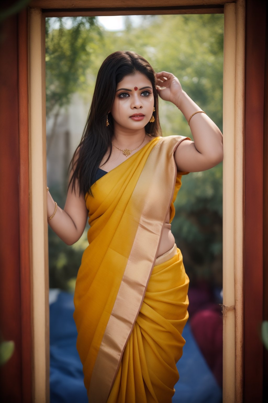 Raw photo of (27yo  Beautiful woman:1.1) (best quality, highres, ultra-detailed:1.2), vibrant colors, red, blue, black, yellow, orange, cinematic colour grading, Moody colour grading, vilot, glowing dimond, glowing eyes, realistic Raw photo, realistic lighting, traditional saree, royal background , traditional Indian house, Indian culture, exotic beauty, exotic beauty, mesmerizing eyes,Mallu ,perfect