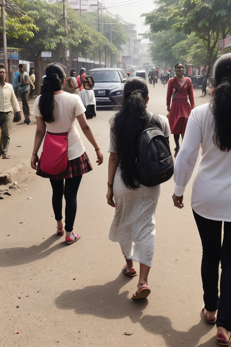 School girls road crossing, Crowd city, girls walking , bikes, car, Bus, busy cityCreate an realistic concept centered around a modern indian girl with fair skin with enchanting and timeless beauty. Her expressive eyes are windows to a world of emotion, her captivating smile leaves an indelible mark, and her flowing hair is a visual poetry. Explore how her gentle touch creates an aura that infuses every shared moment with a sense of destiny and magic. Develop the storyline, characters, and the world in which this enchanting girl exists, and let her presence be a driving force behind the themes and narrative. 
,Realism,Mallugirl,Thrissur,Very crowded city,round ass