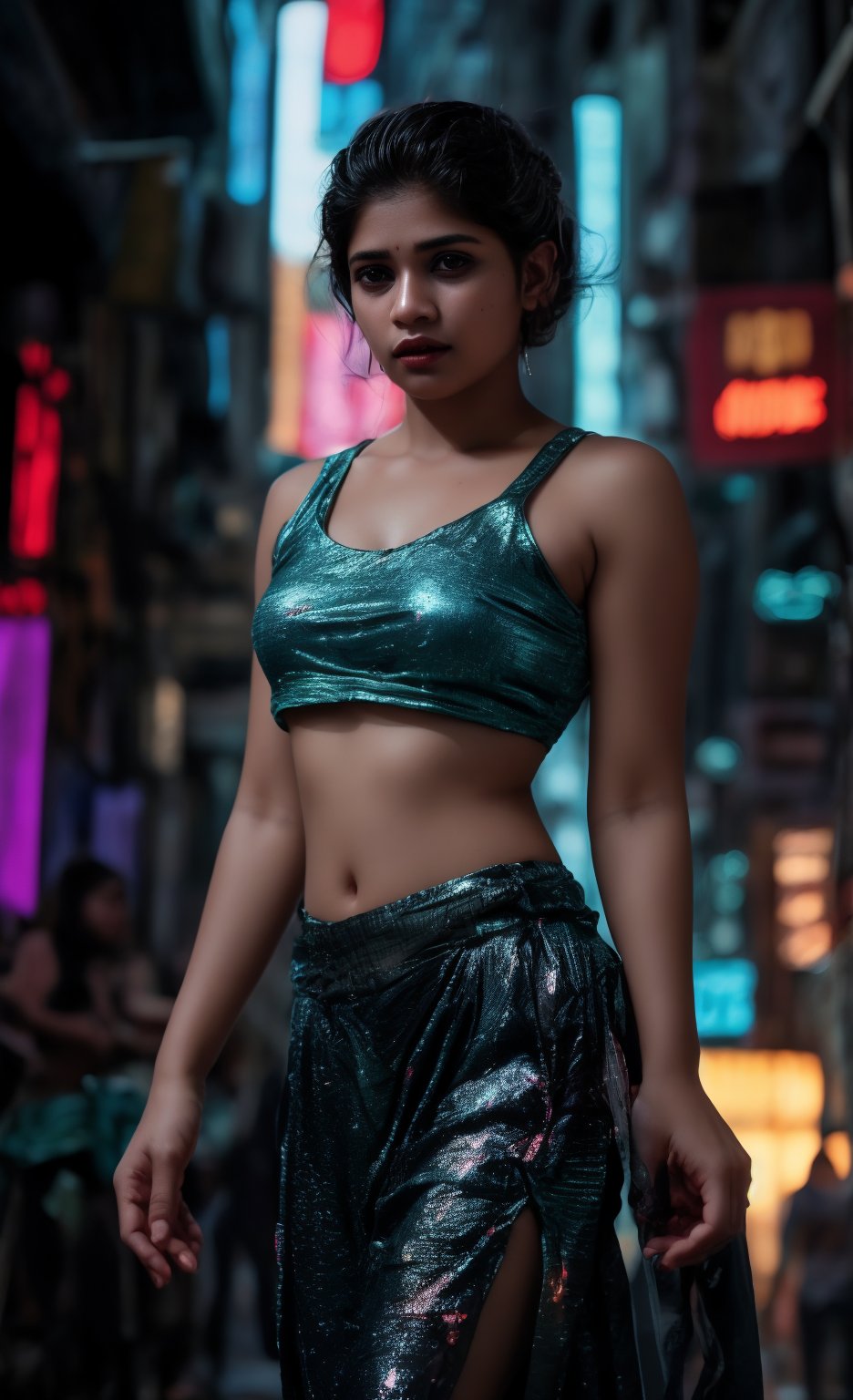 A striking Malayali woman in a cyberpunk-themed environment, captured in a realistic, high-definition photography style that mimics the quality of a Hollywood movie shot on a Sony Red cinematic camera. She is dressed in a futuristic outfit with sleek, metallic elements and neon accents, blending traditional beauty with a modern, edgy twist. Her short hair is styled to complement the cyberpunk aesthetic, perhaps with a bold color or sleek, asymmetrical cut. Midriff 

The setting is a neon-lit urban landscape, with towering buildings and holographic advertisements in the background. The scene is color graded in a strong teal and orange palette, enhancing the futuristic and dystopian atmosphere. Her face reflects determination and confidence, with dramatic lighting highlighting her features and casting dynamic shadows.

The camera angle and composition are cinematic, with a shallow depth of field that keeps the focus on the woman while subtly blurring the intricate details of the cyberpunk cityscape behind her. The overall image exudes a sense of gritty, futuristic elegance, combining the cultural elements of her Malayali heritage with the bold, high-tech world of cyberpunk.,Glowing dots on body