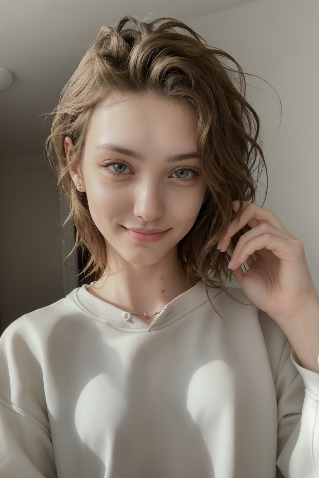 4k,best quality,masterpiece,20yo 1girl,(cropped sweatshirt),(demin pant), alluring smile, open hoodie,

(Beautiful and detailed eyes),
Detailed face, detailed eyes, double eyelids ,thin face, real hands, muscular fit body, semi visible abs, ((short hair with long locks:1.2)), blond hair, black background,


real person, color splash style photo,
