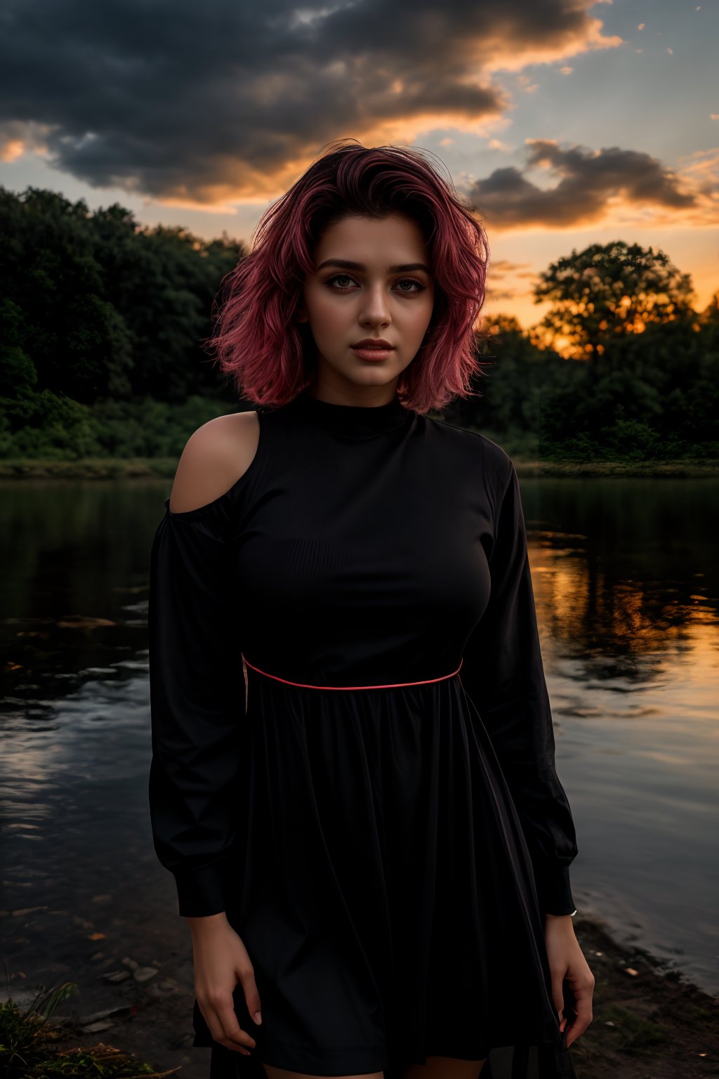 Best work, (Best quality, ,HDR, 8k, 32k, raw photo, photorealistic, UHD:1.2), beautiful 20 year old girl in long black dress at the lakeside in a forest, eyes, pink hair, detailed face, perfect face, pond, dark sky, lights in the background, realism, red sky, detailed sky, realistic clouds, sun, bright environment, late afternoon, sun rays in the clouds