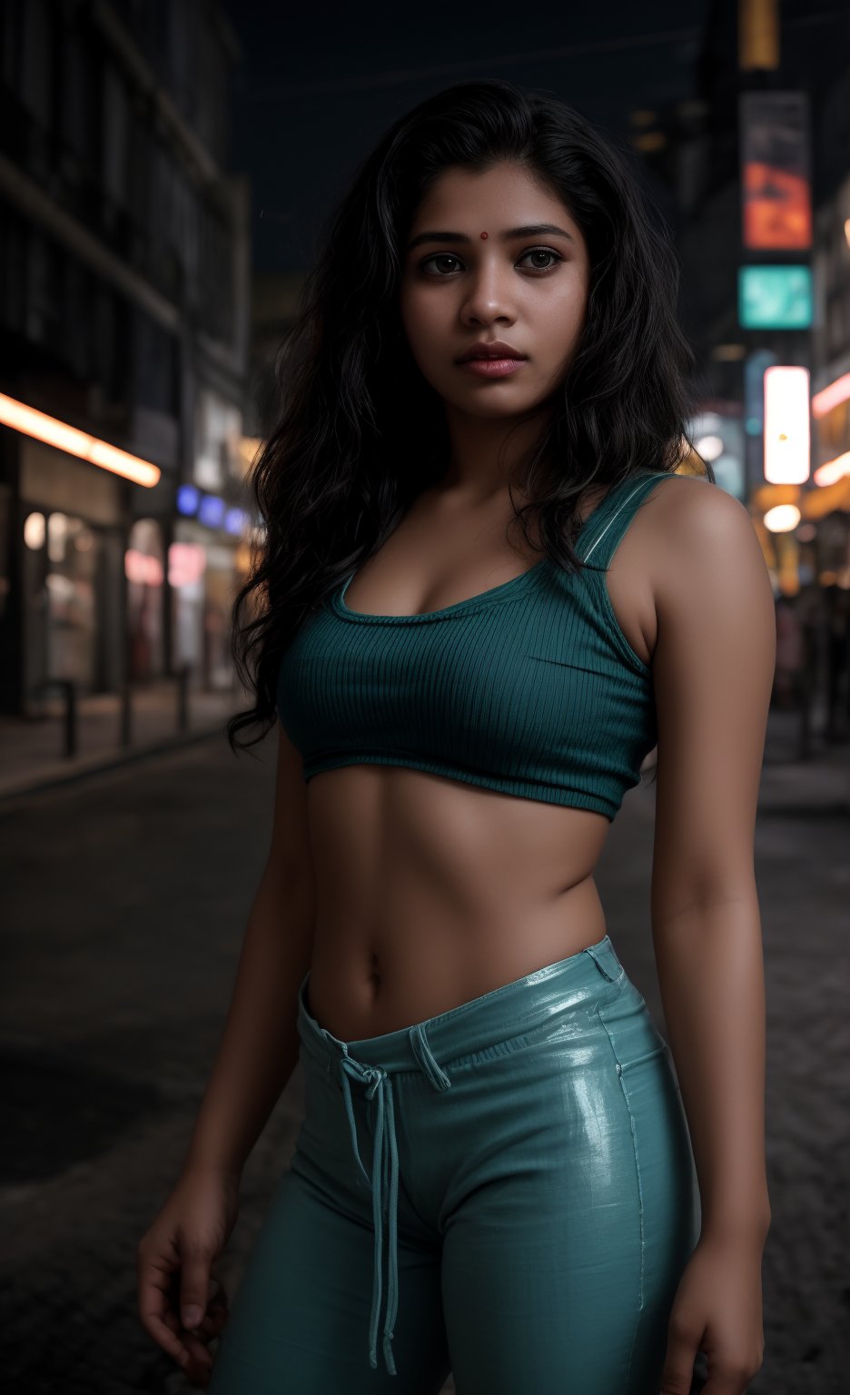 A striking Malayali woman in a cyberpunk-themed environment, captured in a realistic, high-definition photography style that mimics the quality of a Hollywood movie shot on a Sony Red cinematic camera. She is dressed in a futuristic outfit with sleek, metallic elements and neon accents, blending traditional beauty with a modern, edgy twist. Her short hair is styled to complement the cyberpunk aesthetic, perhaps with a bold color or sleek, asymmetrical cut. Midriff 

The setting is a neon-lit urban landscape, with towering buildings and holographic advertisements in the background. The scene is color graded in a strong teal and orange palette, enhancing the futuristic and dystopian atmosphere. Her face reflects determination and confidence, with dramatic lighting highlighting her features and casting dynamic shadows.

The camera angle and composition are cinematic, with a shallow depth of field that keeps the focus on the woman while subtly blurring the intricate details of the cyberpunk cityscape behind her. The overall image exudes a sense of gritty, futuristic elegance, combining the cultural elements of her Malayali heritage with the bold, high-tech world of cyberpunk.
