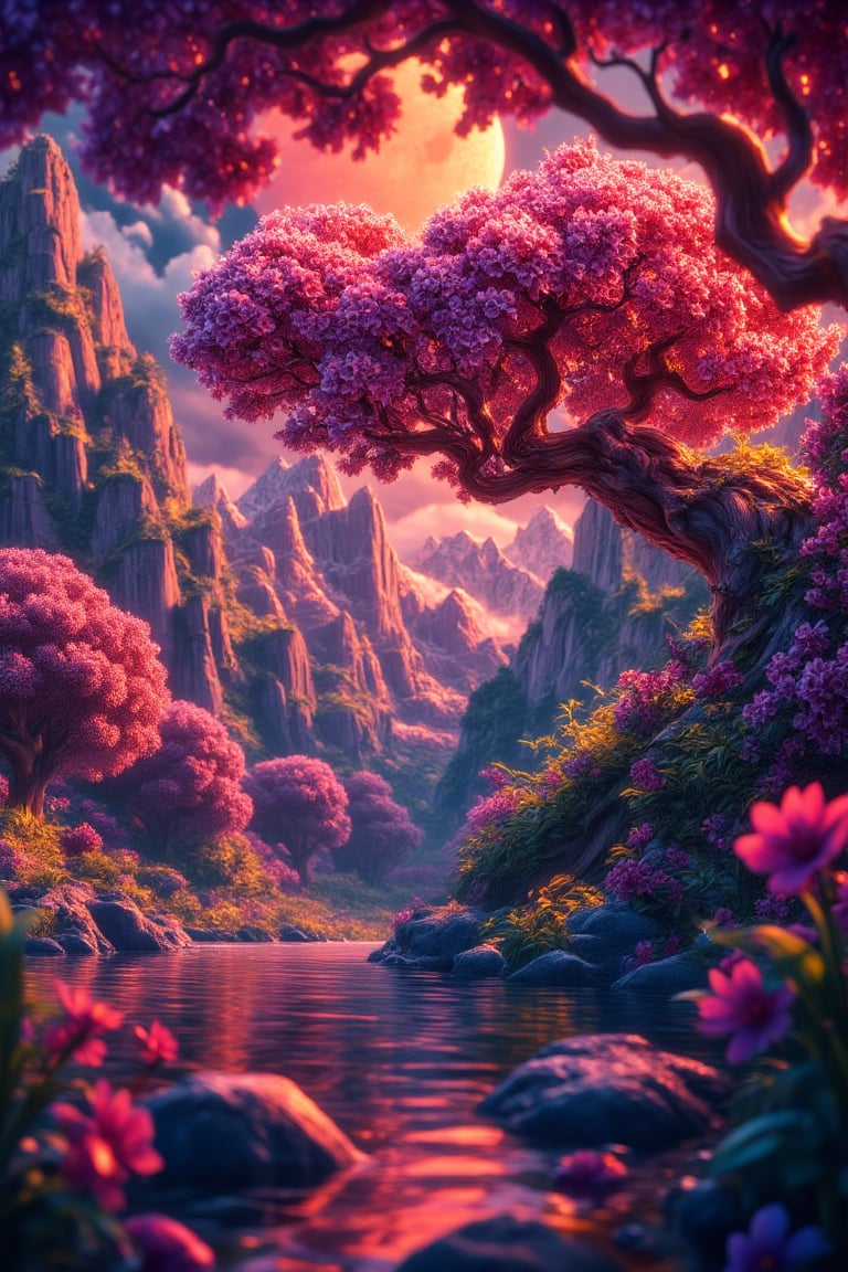   The ethereal beauty of a mystical landscape under the red moonlight. The scene should be illuminated by a large, radiant moon, casting its glow upon a twisted, yet majestic tree with blossoms that seem to sparkle in the night. The tree’s roots should be deeply embedded into rocky terrain, symbolizing its ancient existence. In the background, towering mountains loom, their peaks veiled in mist. A serene lake at the foot of the mountains reflects the moon’s luminescence. Incorporate elements that evoke a sense of magic and mystery.