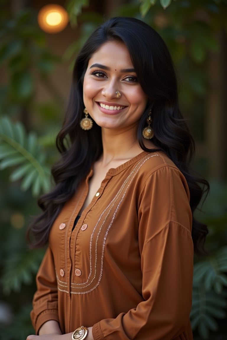    Full body shot of Desi woman, solo, haircut, smiling, looking at camera, brown ethnic dress, contrast background bokeh,