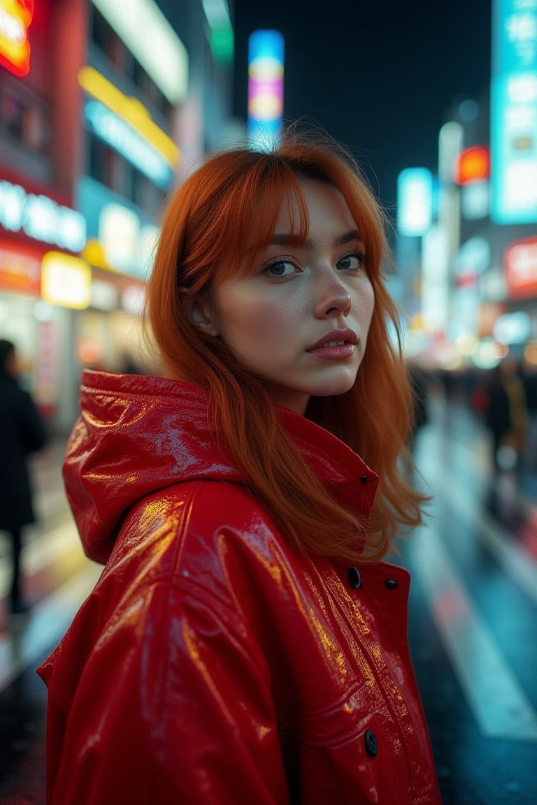      8k photo portrait of a redhead woman in a red raincoat, looking at the camera, at a bustling crosswalk in shibuya at night, Highly Detailed, Vibrant, Production Cinematic, reflections on wet street, 8k, film grain, 70mm, Portra 800