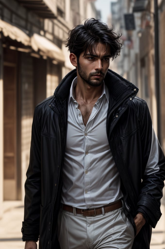 A solo male figure stands tall, looking directly at the viewer with a gaze that fills the frame. His short, black hair is messily styled, and he sports a scruffy beard and stubble. He wears a white dress shirt underneath an open black jacket, highlighting his chiseled upper body. Brown eyes peer out from behind closed lips, exuding confidence and intensity. The subject's facial features are sharply focused, while the blurry background adds depth and dimensionality to the image. A watermark subtly overlays the composition.