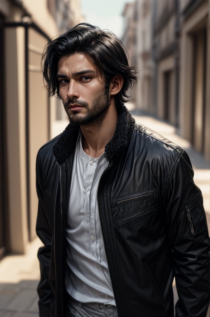 A solo male figure stands tall, looking directly at the viewer with a gaze that fills the frame. His short, black hair is messily styled, and he sports a scruffy beard and stubble. He wears a white dress shirt underneath an open black jacket, highlighting his chiseled upper body. Brown eyes peer out from behind closed lips, exuding confidence and intensity. The subject's facial features are sharply focused, while the blurry background adds depth and dimensionality to the image. A watermark subtly overlays the composition.