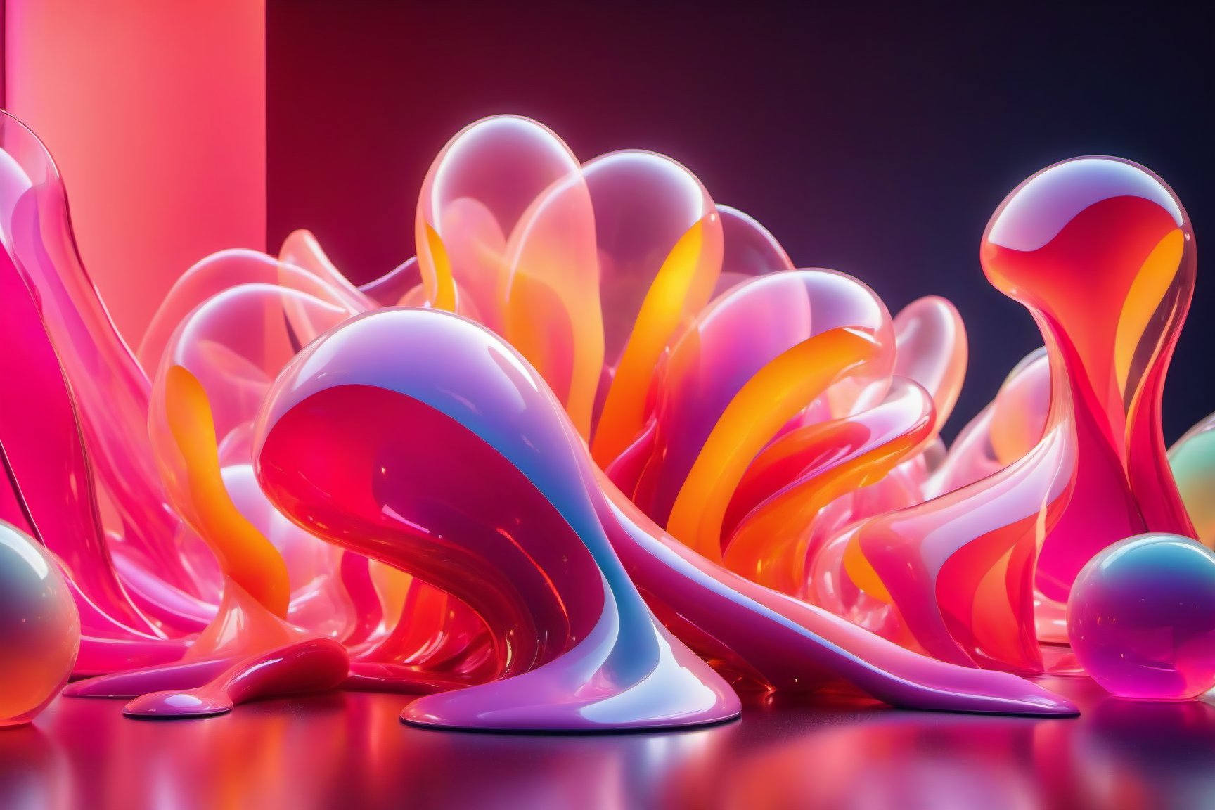 abstract, (latex:2), glass, glow, bloom, volumetric lighting,  goemetric flow, ,6000, ink scenery, (transparent), translucent, curvy shapes,   pastel, vibrant