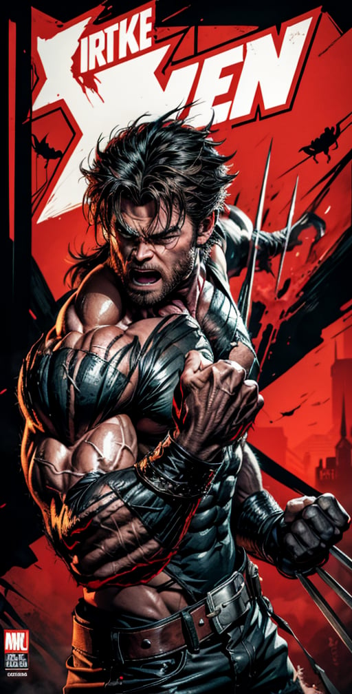 Chris Hemsworth, Create an eerie scene featuring a menacing, heavily-(hulk)muscled. The werewolf stands tall, its body radiating power and aggression. Its eyes burn with an angry intensity as it snarls, revealing a row of sharp, glistening teeth. Long, deadly Wolverine claws extend from its hands, ready to strike. The creature's mouth drips with saliva, adding to the sense of danger. Place the werewolf in a horror-themed background, surrounded by shadows and an air of foreboding.",perfecteyes