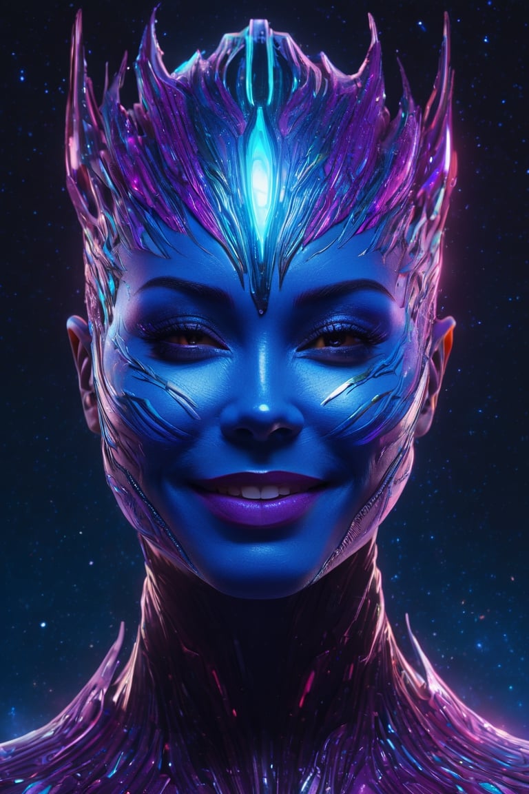 impossibly beautiful portrait of nebula (guardian of the galaxy) The intricate beauty of the human mind, insane smile, intricate complexity, surreal horror, inverted neon rainbow drip paint, trending on art station, photoreal, 8 k, octane render by greg rutkowski