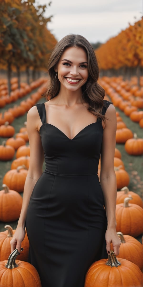 {{ an evil woman }}, wearing a black dress, evil grin, grinning, pumpkins at the back, soft focus portrait, 50 mm camera, shallow depth of field, stunning award winning photo, global illumination, bright environment, highly detailed skin texture, hyper realistic skin, { fullbody, full_body }