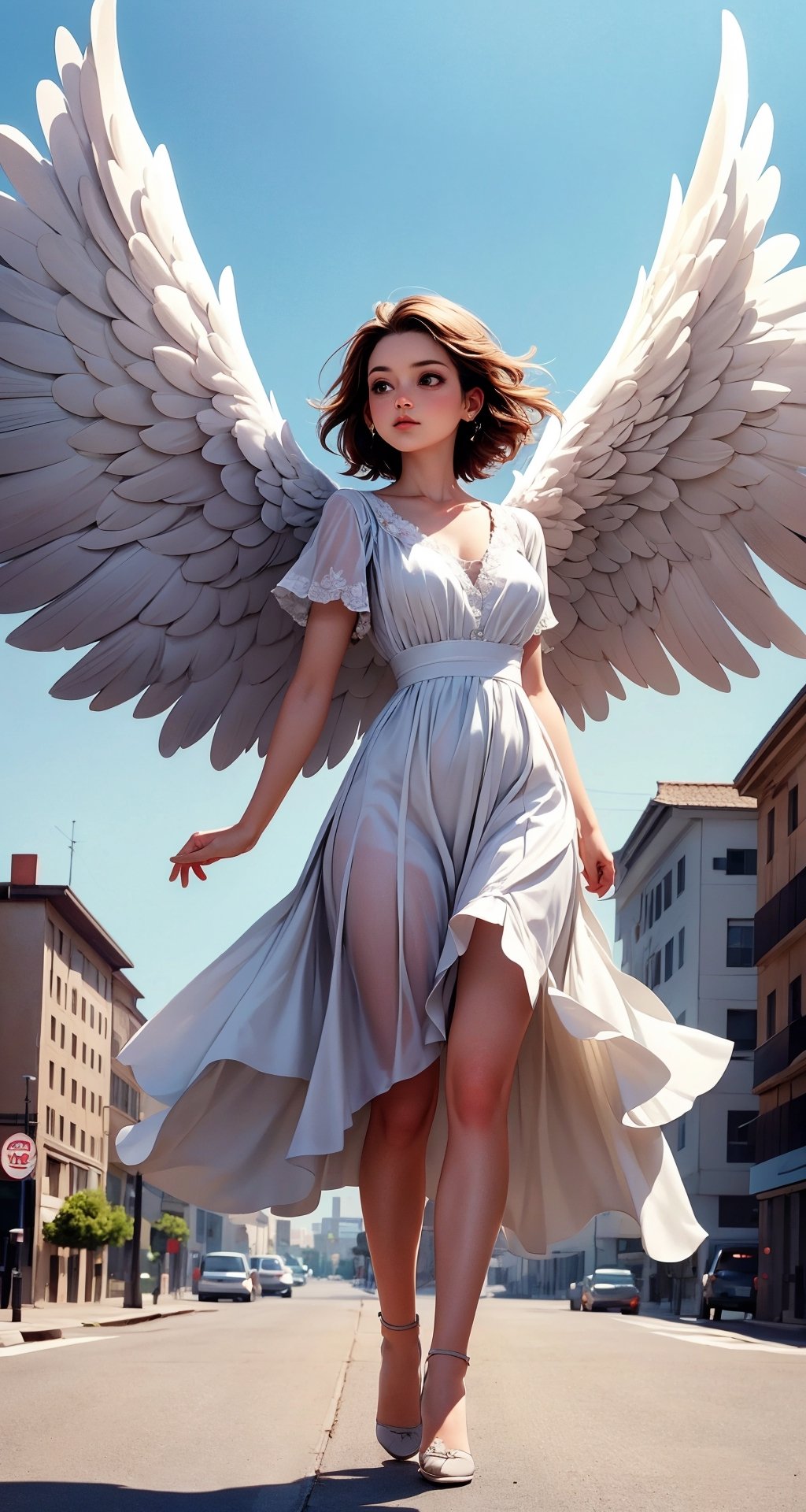 {{ an angel woman }},  standing in the middle of a street, wings wide open, empty street at the back, { wallpaper, desktop background, desktop wallpaper }, (best quality:1.2), (masterpiece:1.2), (detailed:1.33),wings
