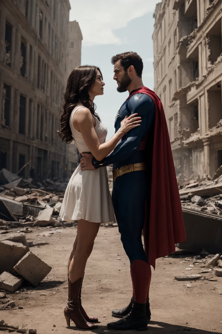 A couple of superhero bearded and woman looking each other in love between a battle scene, marvel like, standing at the ruined city, depth of field, cinematic