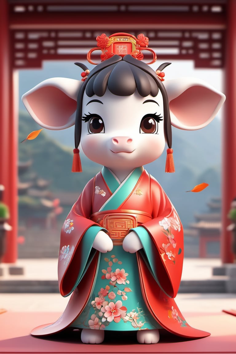 3d,3d style A cute Chinese style cartoon cow with an ancient style character image,A pair of big eyes,dressed in Chinese Hanfu! ! ! , with full body front view, high – quality, silhouette light, and a Chinese style architectural background, highly detailed and full of vitality. Cinematic, stunning,realistic, dramatic, shocking, with a 35mm lens, realistic and warm light, with ray tracing of 8k POP Mart style, Chinese style, super fine, soft focus, oc rendering, 3d