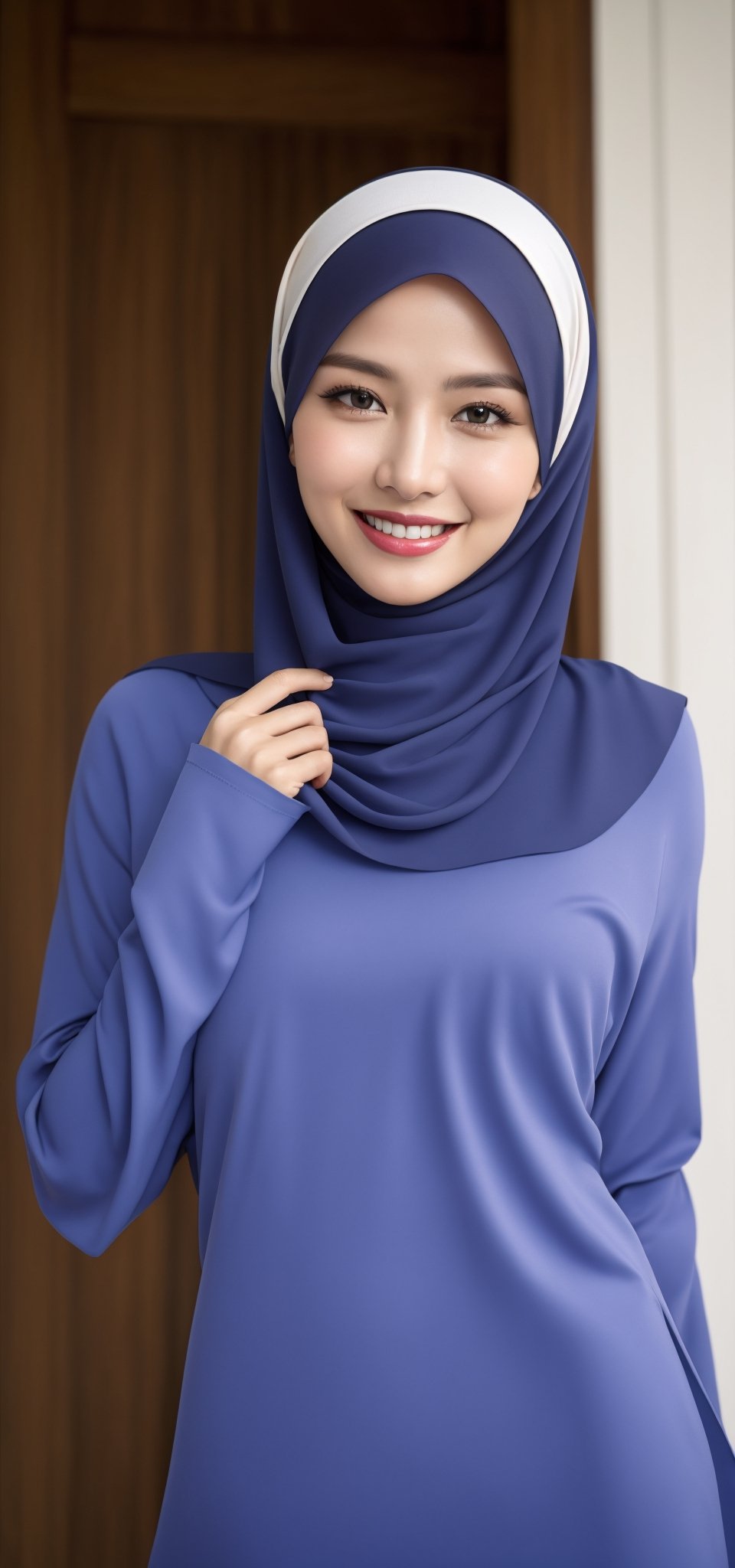 Best quality, masterpiece, photorealistic, ultra high res, 8K raw photo, beautifull face, hijab, malay clothes, beautiful face, happy smiling, ((Perfect Face)), ((Sexy Face)), brunette, Anders Zorn, full shot of a beautiful girl ,detailed skin, detailed background, finely detailed, 8k uhd, dslr, detailed fingers, at event, skintight, slim, 