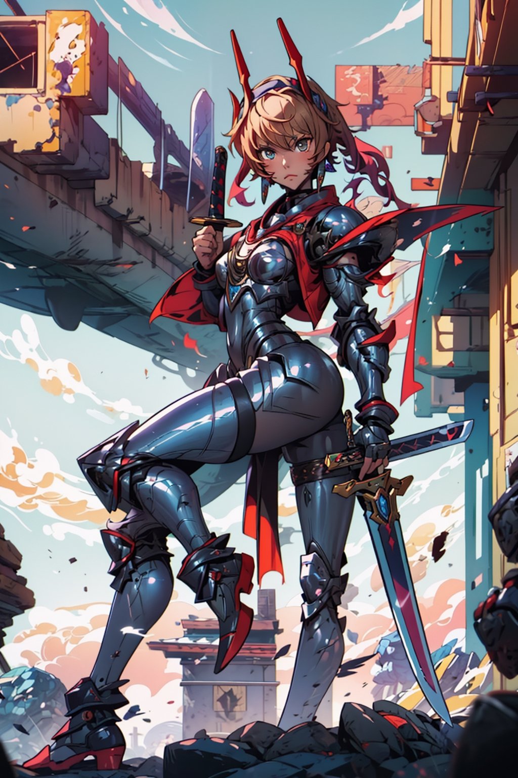 (masterpiece, best quality:1.4), ultra-detailed a genos holding sword standing in front of a castl,futurstic armor,genos,RedHoodWaifu,mecha