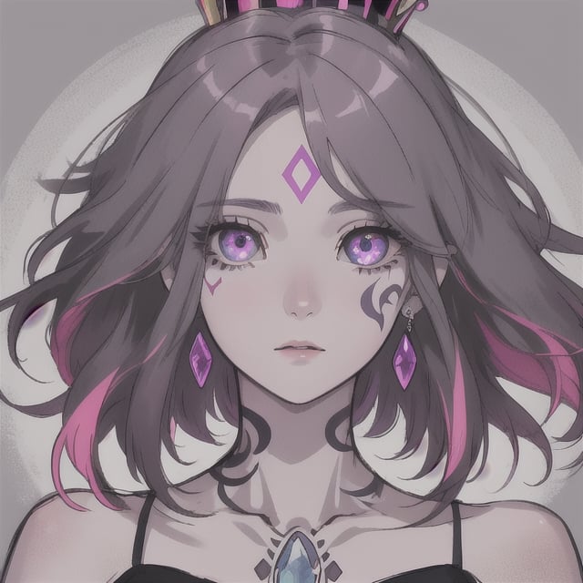 short hair, dark purple hair, grey eye, horn, crown, gem iring, forehead mark, center_opening, center, flowing eyes, cheek tattoo, two-tone_hair, more than two eyes, four eyes