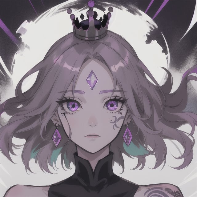 short hair, dark purple hair, grey eye, horn, crown, gem iring, forehead mark, center_opening, center, flowing eyes, protagonist, cheek tattoo, two-tone_hair