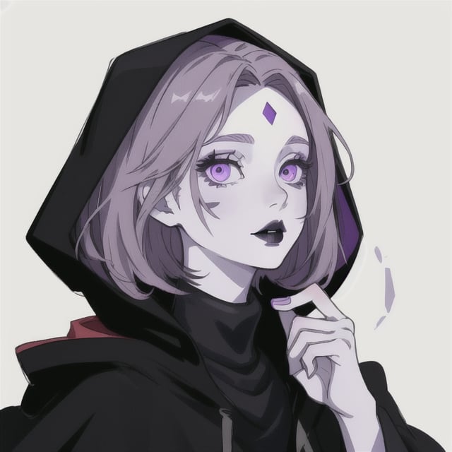 short hair, dark purple hair, grey eye, turtleneck, black turtleneck, purple cloak, hood on head, hood covering head, gem iring, black lips, forehead mark, portrait, white background, pale skin