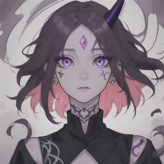 short hair, dark purple hair, grey eye, horn, gem iring, forehead mark, center_opening, center, flowing eyes, dark aura, cheek tattoo, two-tone_hair