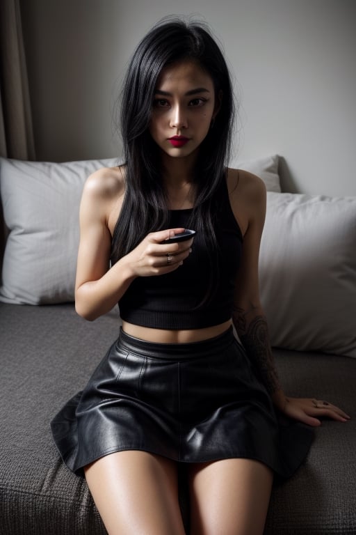 Very short Italian woman,  25 years old,  goth girl, thick black hair, dark eye makeup,  soft round curves, petite girl, red lipstick,  black tattoos , blue eyes, pretty face. Whole body in shot,  black skirt,  laying_down, pov_eye_contact, pale skin, fair skin, white skin, tiny body. Short, symmetrical face, round features, cute girl