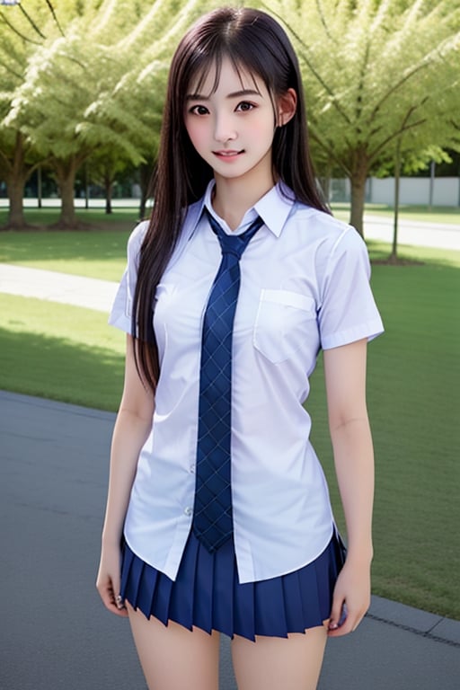 Thai girl,  photo realistic,  hyper realistic, in 8k, beautiful, young, innocent girl, black hair, skinny, petite girl, pretty face. Whole body in shot, checkered mini skirt,  pov_eye_contact, pale skin, smooth skin , tiny body. Small, symmetrical face, Thai features, cute girl, (very pale skin 1.4),  very pretty face, beautiful girl semi_nude., high_school_girl,high_school_girl