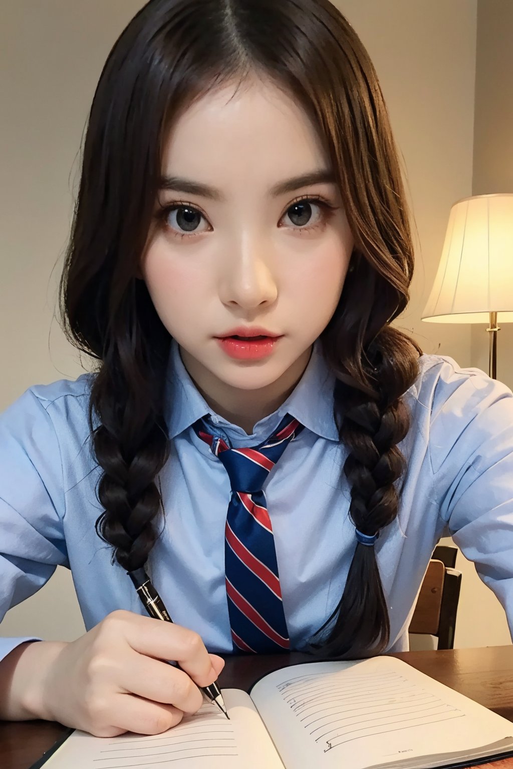 Best quality, masterpiece,  solo, perfect face, perfect eyes, brown hair, long braids, shirt, tie, lamp, table, pen, notebook, writing in notebook, looking at viewer