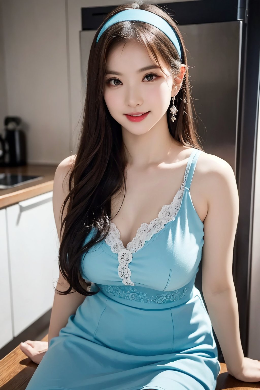 In the kitchen,bright,foods on table,1 girl, most beautiful korean girl, Korean beauty model, stunningly beautiful girl, gorgeous girl, 20yo, over sized eyes, big eyes, smiling, looking at viewer, very long hair,wearing tight blue short dress and hairband,opening door of refrigerator,smile,Best Quality, 32k, photorealistic, ultra-detailed, finely detailed, high resolution, perfect dynamic composition, beautiful detailed eyes, sharp-focus,