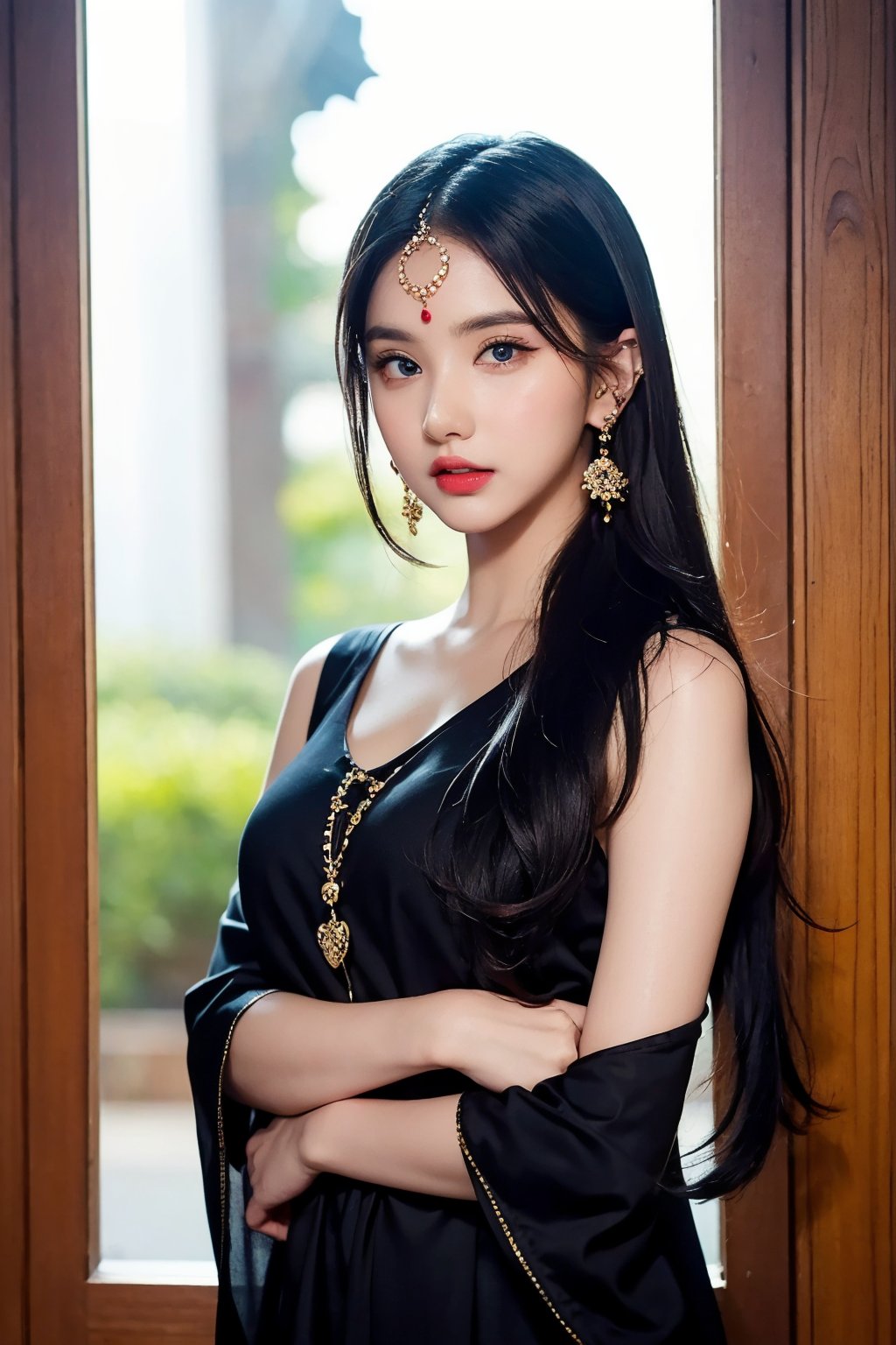 lovely cute young attractive indian girl, blue eyes, gorgeous actress, 23 years old, cute, an Instagram model, long hair, black hair, Indian, weaaring blouse, wearing bindi in forehead, ear rings,looking hot, under sunlight, looking on window,