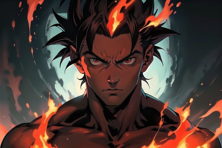 portrait of gogeta with red aura in middle of fire --niji 5 --style scenic -- black background --designed by Hayao Miyazaki --retro anime --4k --aesthetic --full body portrait