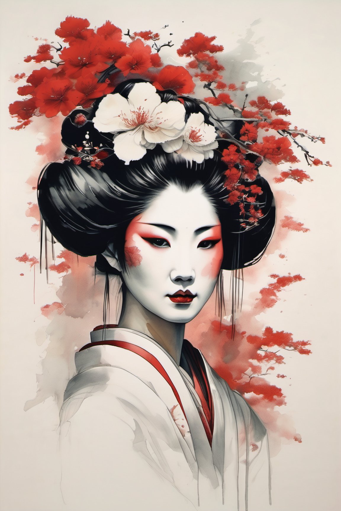 beautiful geisha, human focus, look viewer, face only, front view, white background, red theme, muted color, ink art