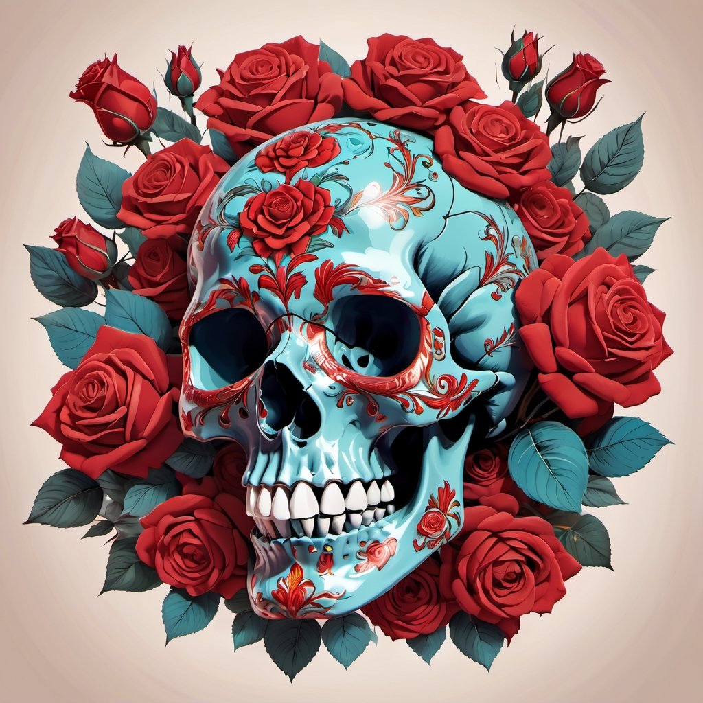 digital drawing of skull with red roses, maximalist detailing, colorful, vibrant