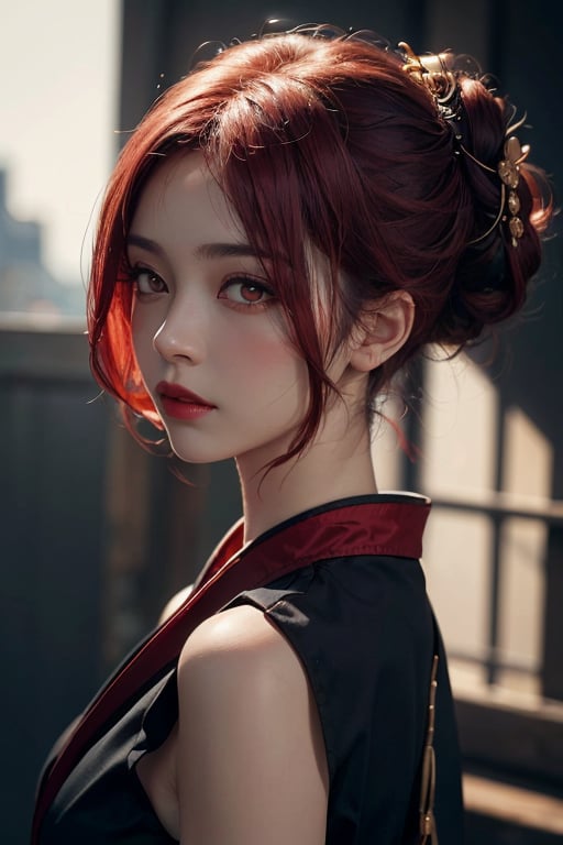 geisha with red hair and red make-up, (hi-top fade:1.3), dark theme, soothing tones, muted colors, high contrast, (natural skin texture, hyperrealism, soft light, sharp)