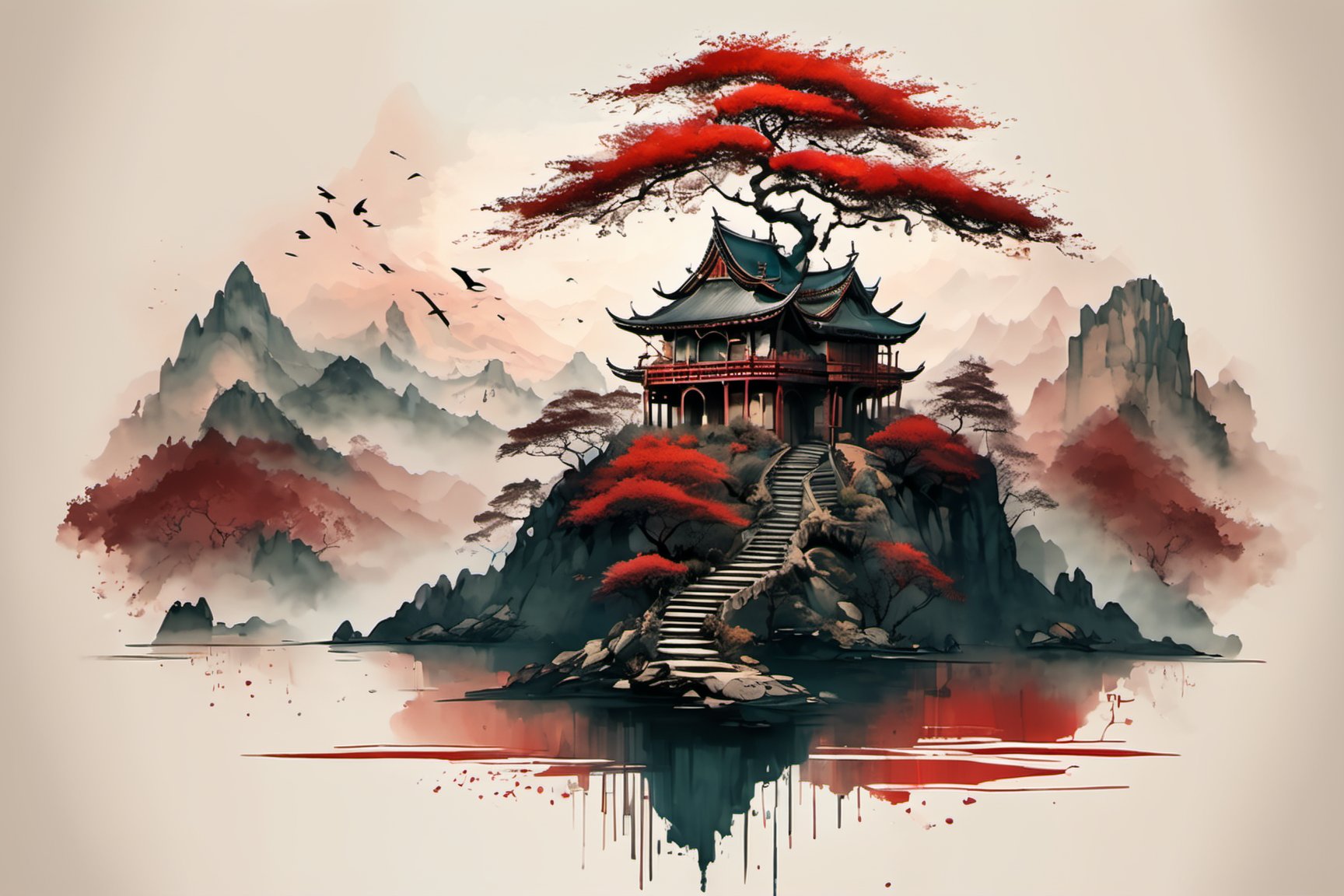 ink scenery, tree, scenery, bird, architecture, castle, no humans, water, mountain, outdoors, fog,red theme, muted color, ink art