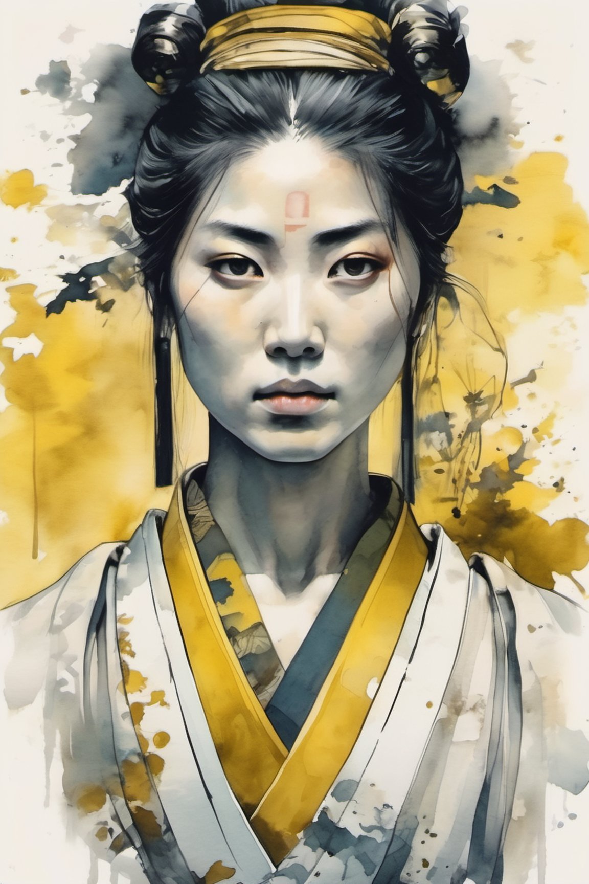 beautiful young samurai, human focus, look viewer, face only, front view, white background, yellow theme, muted color, ink art